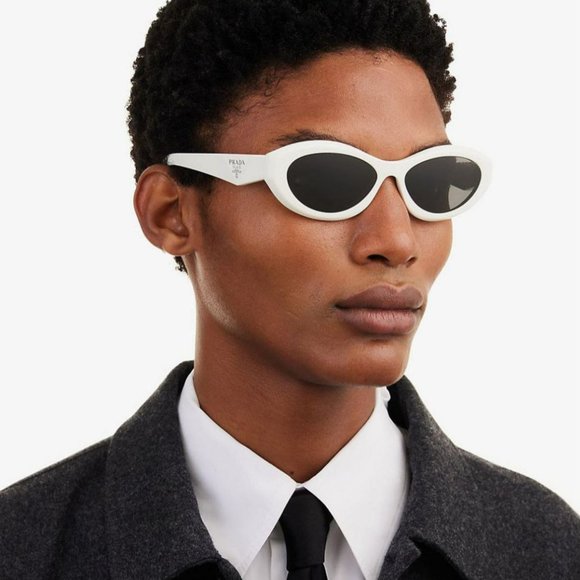 NEW Prada PR26ZS 17K08Z Talc White Dark Grey Oval Unisex Sunglasses - Picture 1 of 12